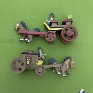 Lot Of 2 - 1960s Hand Carved‎  Wood 4-wheel 4" Stagecoach Horse Drawn